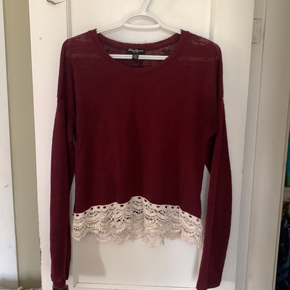 Burgundy with lace trim Women’s top, size Large